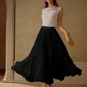 Black Elegant Women's Pleated Flowy Skirt